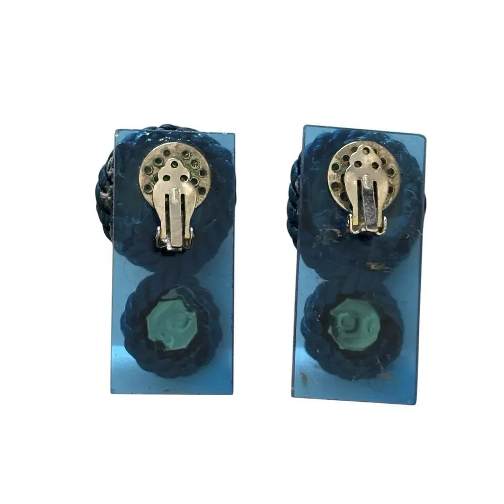 80s Lucite Statement Clip On Earrings Military Knot Lucite Gold Button
